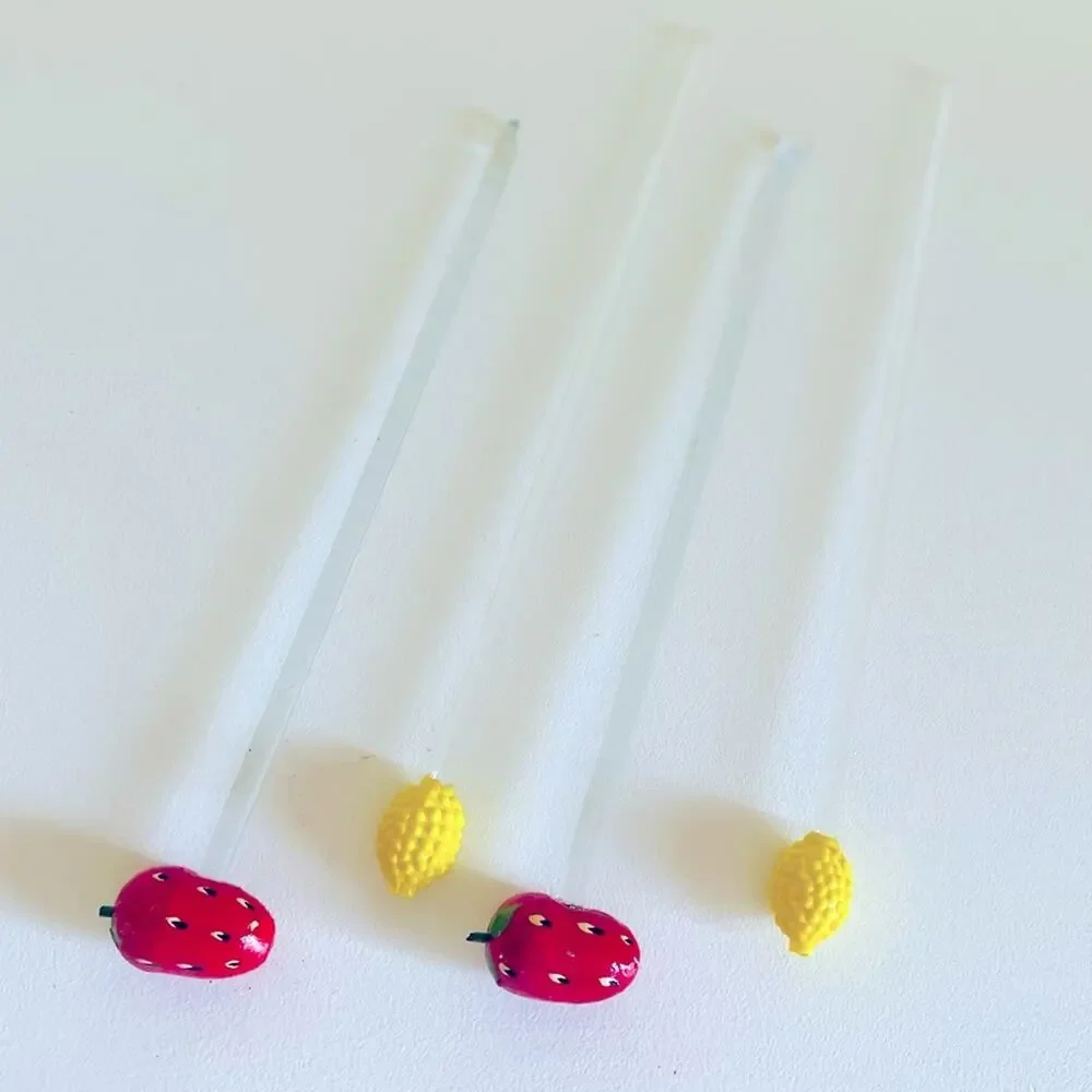 Vtg Glass Swizzle Sticks Paper Mache Strawberry Pineapple Stirrers Blown Glass